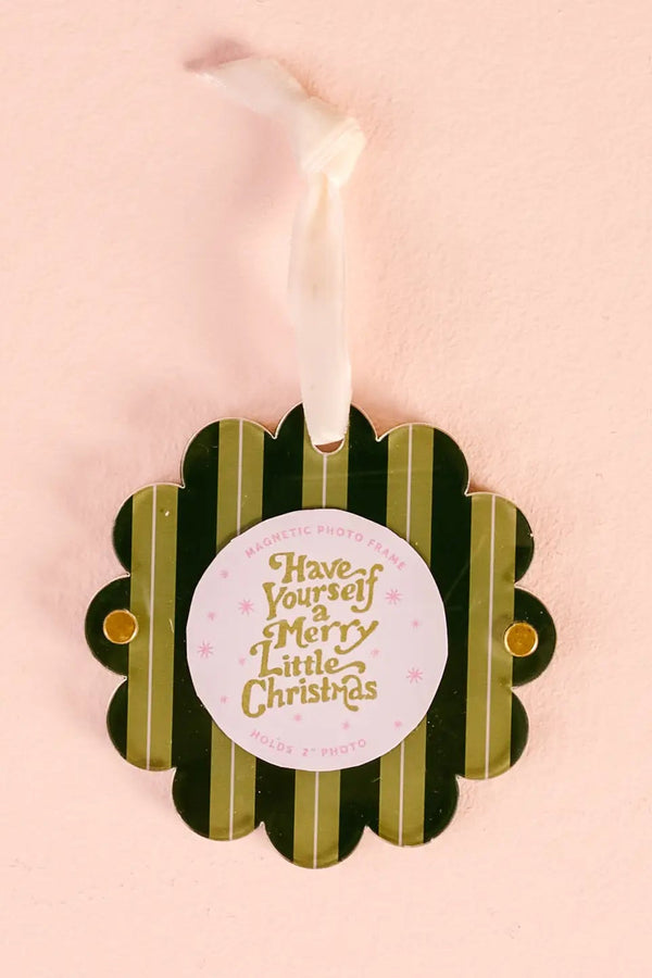 Scalloped Round Picture Frame Ornament - Evergreen Stripes