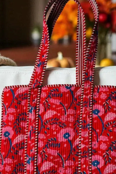 Scarlet Blooms Quilted Tote Bag