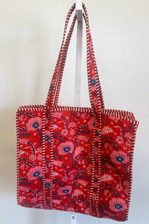 Scarlet Blooms Quilted Tote Bag