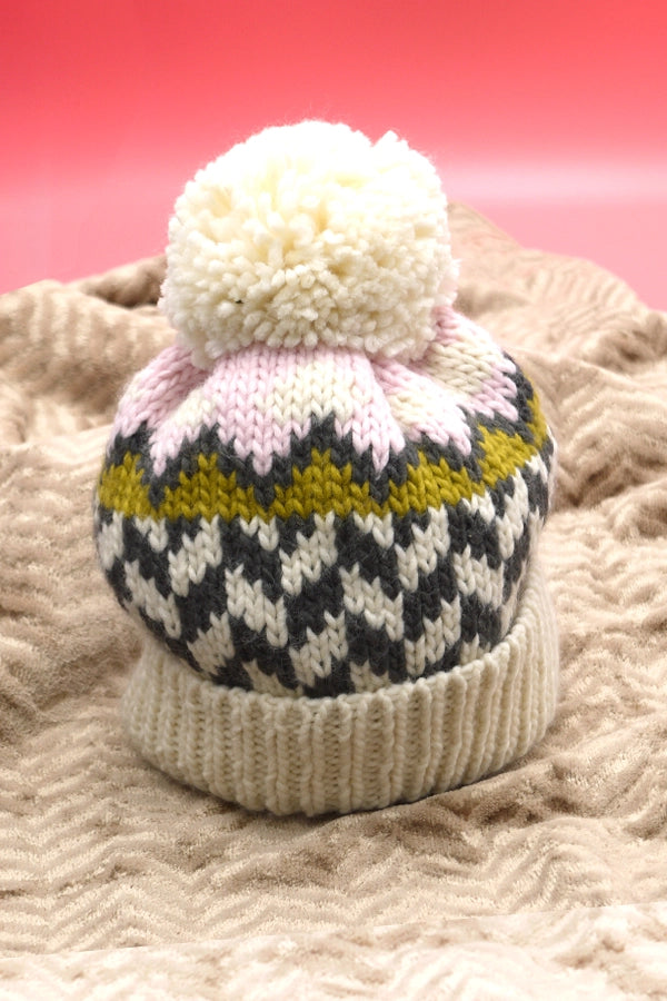 Chevron Knit Pom Beanie - Off White