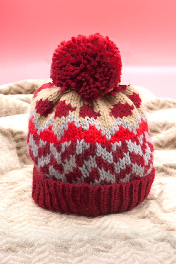 Chevron Knit Pom Beanie - Burgundy
