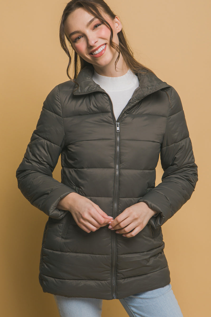 Long Quilted Puffer Jacket - Olive