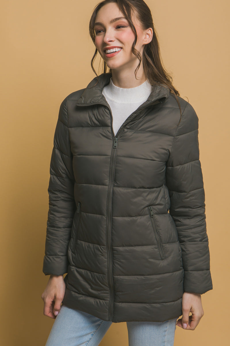 Long Quilted Puffer Jacket - Olive