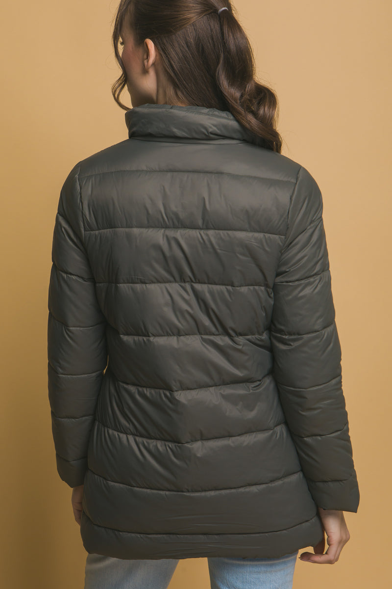 Long Quilted Puffer Jacket - Olive