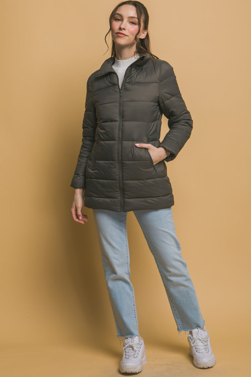 Long Quilted Puffer Jacket - Olive