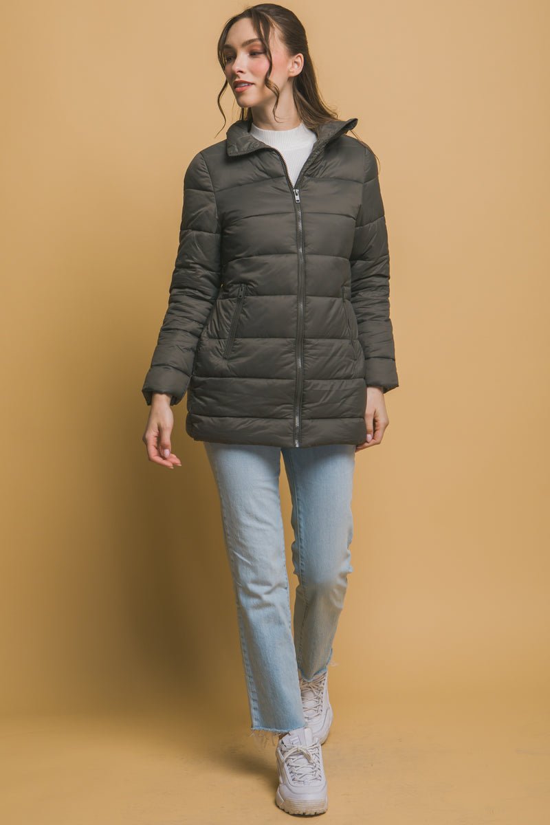 Long Quilted Puffer Jacket - Olive