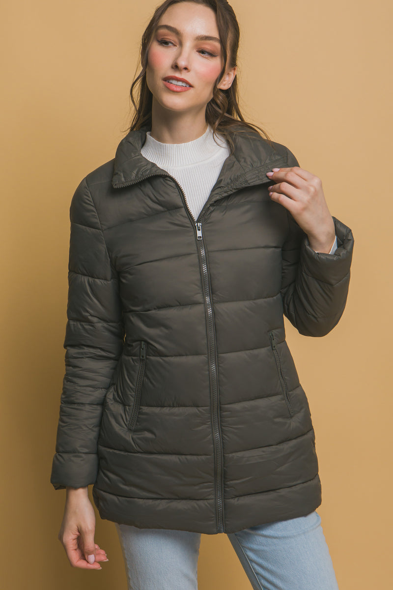 Long Quilted Puffer Jacket - Olive
