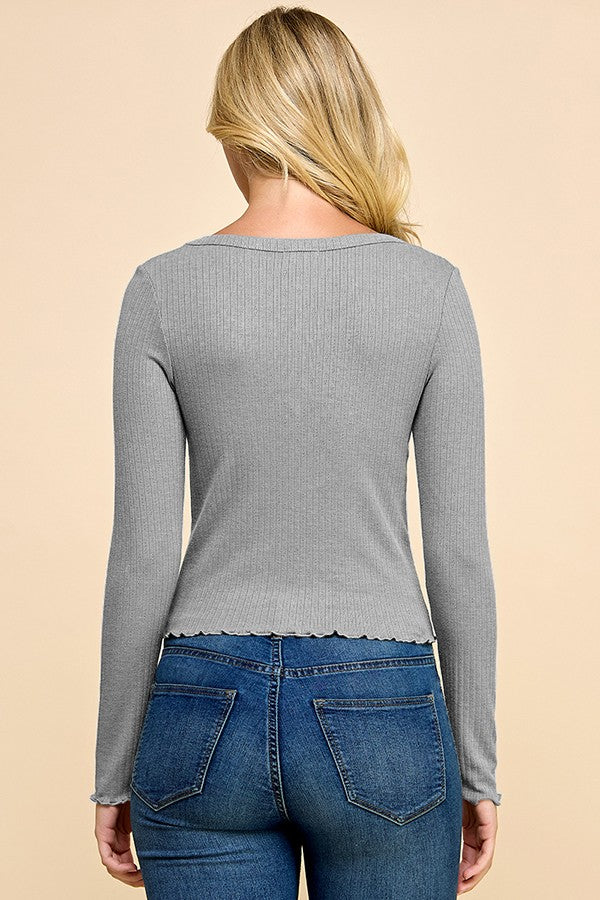Round Neck Lettuce Hem Top - Heather Gray