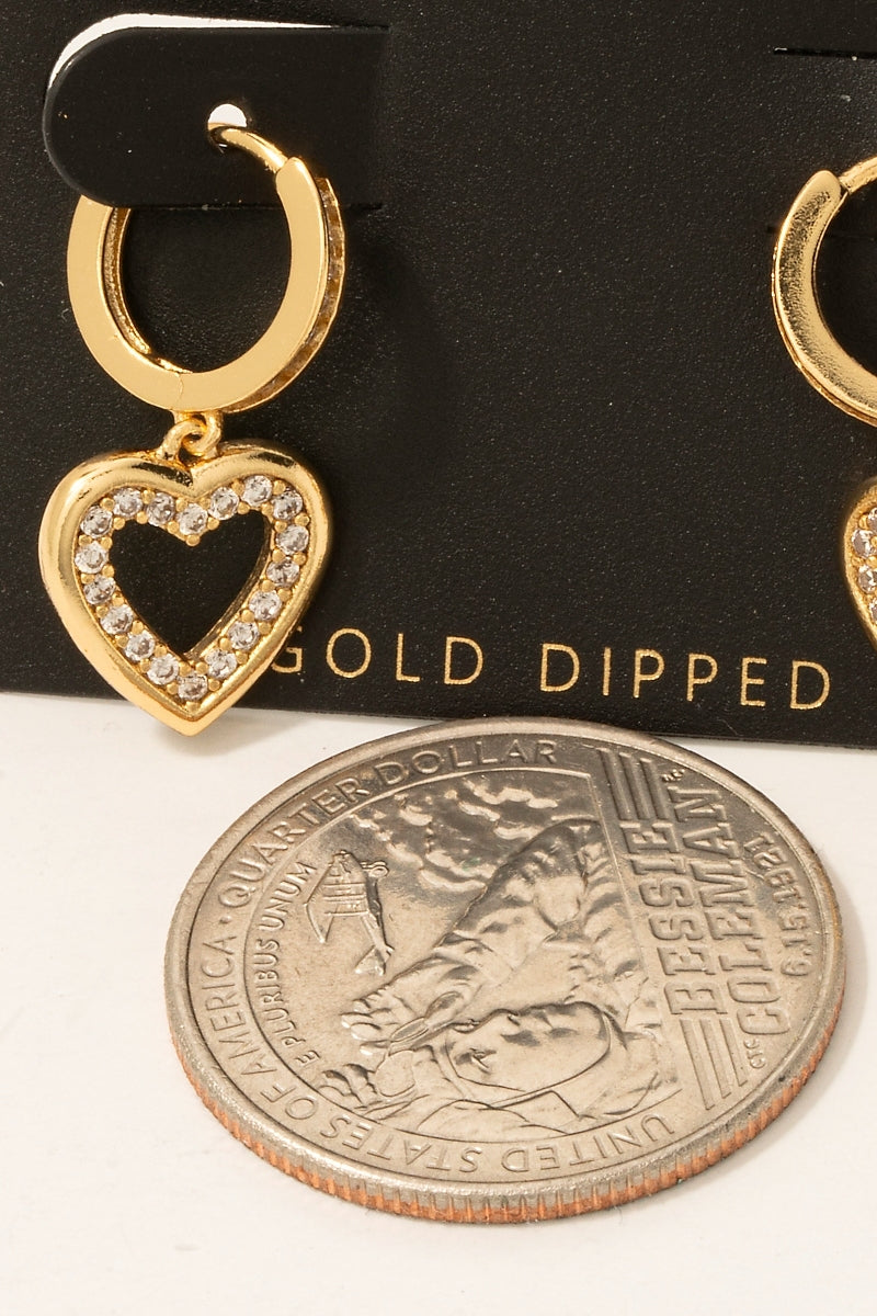 Gold Dipped Cz Heart Charm Hoop Earrings