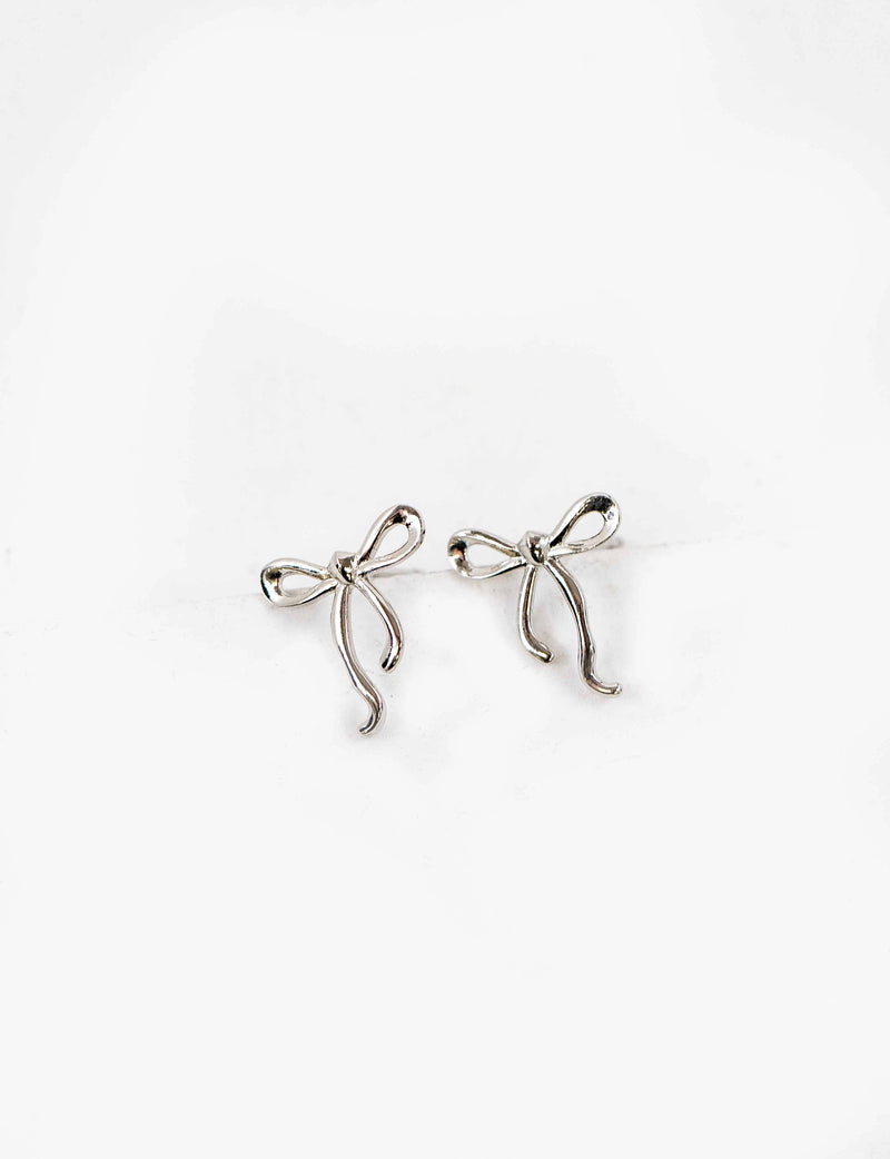 Curled Bow Charm Earrings | Silver