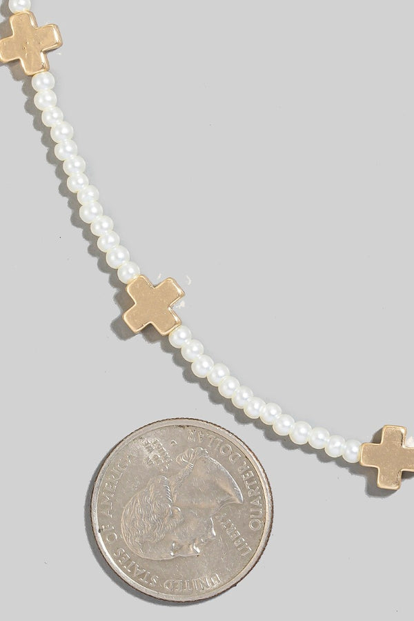 Metallic Cross Charms Pearl Beaded Necklace