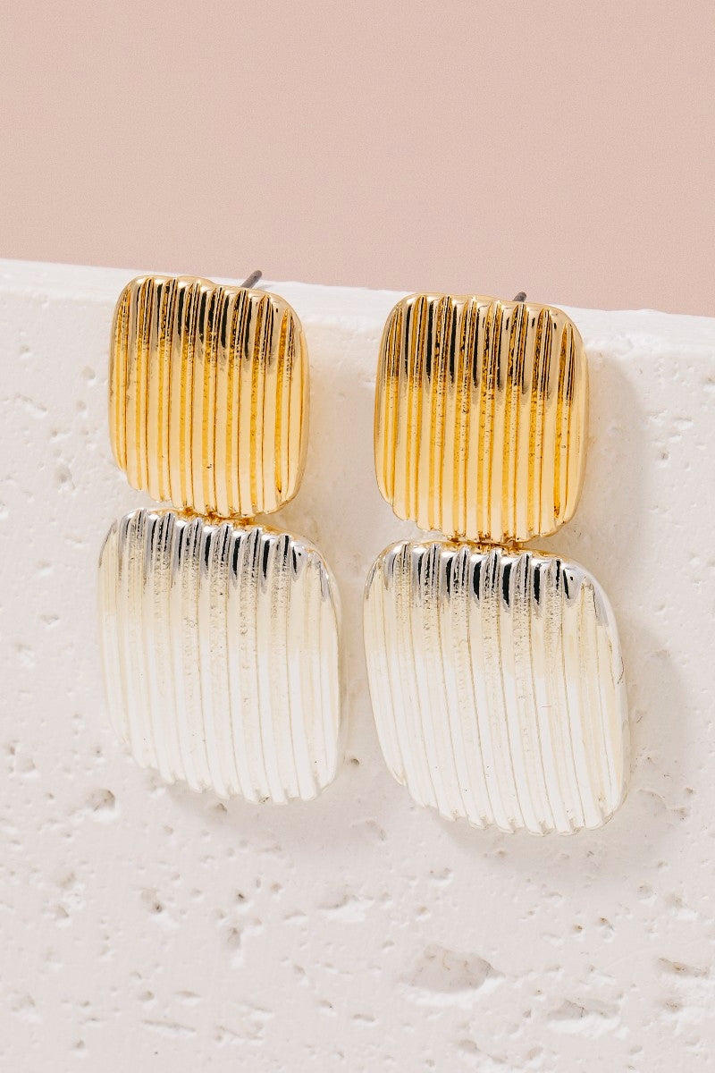 Ridged Texture Two Tone Rectangle Drop Earrings