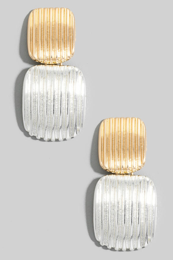 Ridged Texture Two Tone Rectangle Drop Earrings