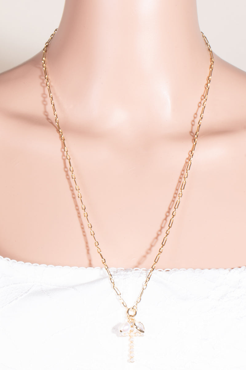 Pearl Studded Cross Chain Necklace