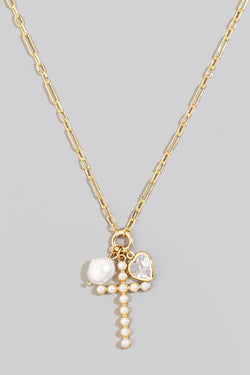 Pearl Studded Cross Chain Necklace