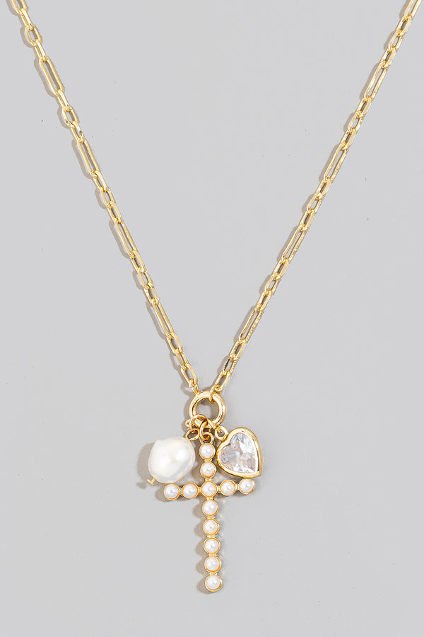 Pearl Studded Cross Chain Necklace