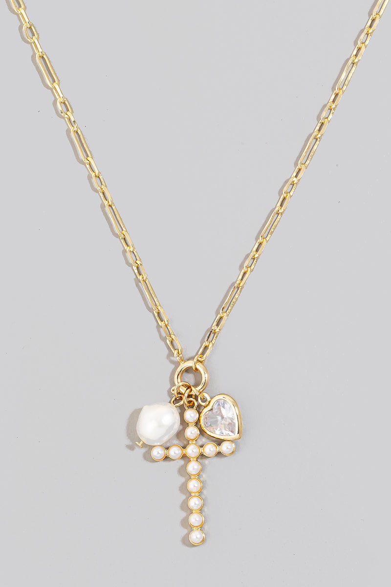 Pearl Studded Cross Chain Necklace