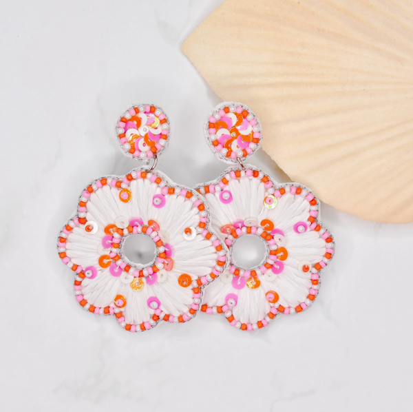 Pink and Orange Raffia Flower Earrings