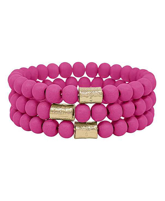 Gold Accent Beaded Bracelet Set - Fuchsia