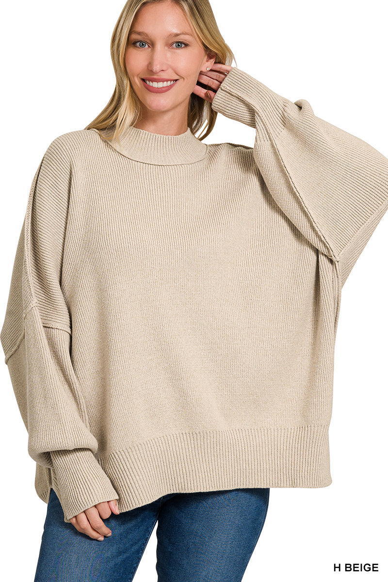 Oversized Knit Sweater - Heathered Beige