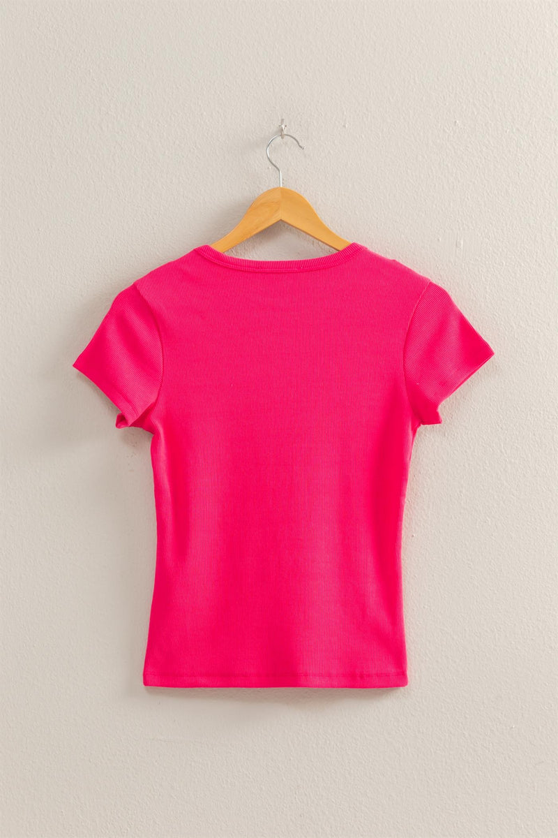 Ribbed Crew Neck Tee - Raspberry