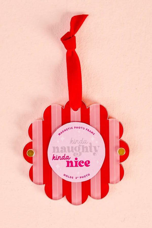 Scalloped Round Picture Frame Ornament - Peppermint Stripes