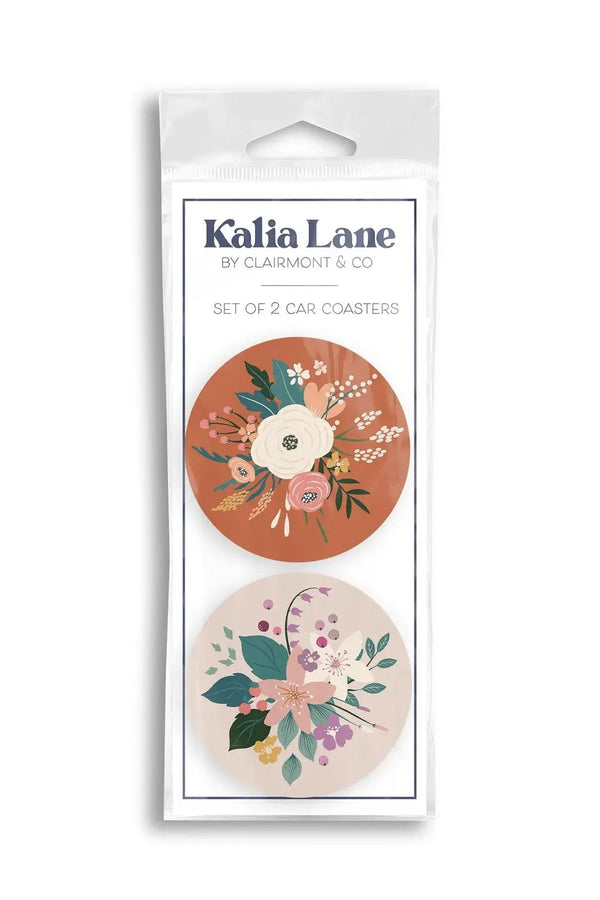 Car Coaster 2 Pack - Vintage Florals Maroon & Tan