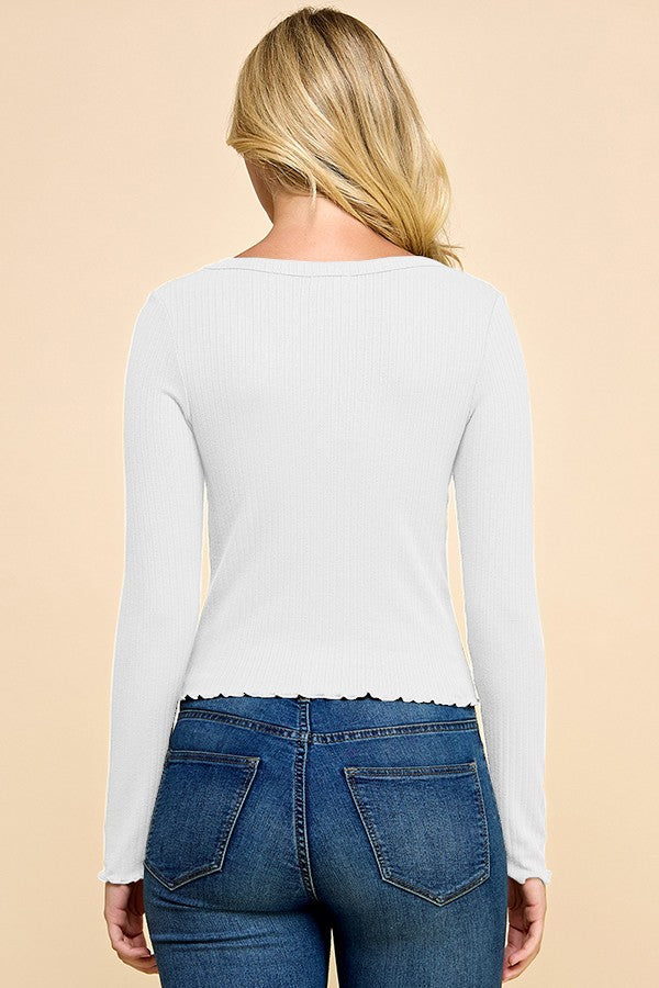 Round Neck Lettuce Hem Top - Off White