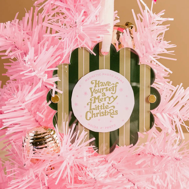 Scalloped Round Picture Frame Ornament - Evergreen Stripes