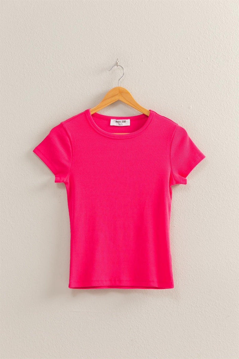 Ribbed Crew Neck Tee - Raspberry