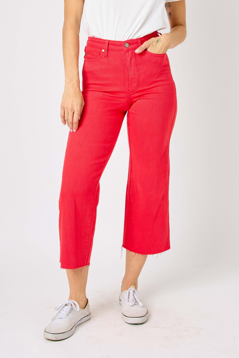 Judy Blue High Waisted Tummy Control Crop Wide Leg Jean - Red