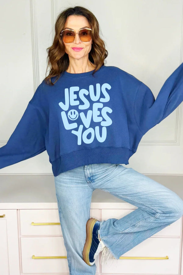 Smiley Jesus Loves You Puff Crop Sweatshirt | Poppy & Pine