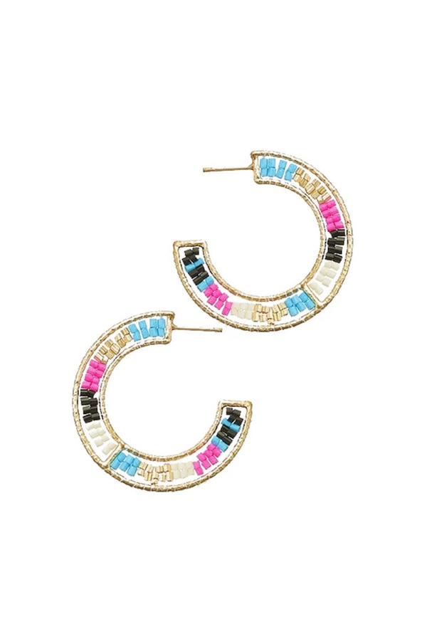 Black/Pink Beaded Double Hoop Earrings