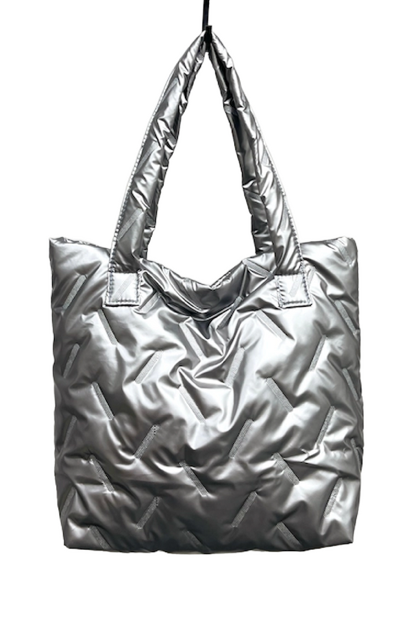 Silver Quilted Puffy Tote Bag