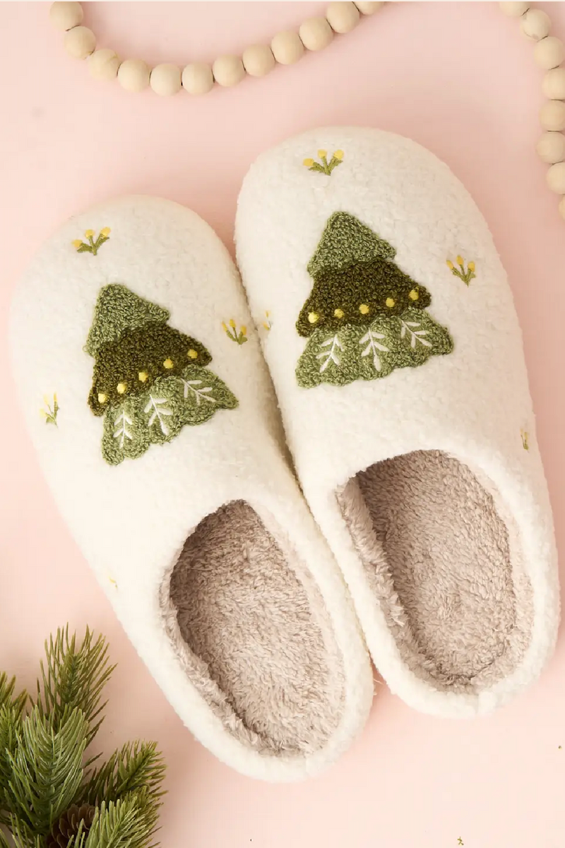 Fuzzy Holiday Slippers - Trees