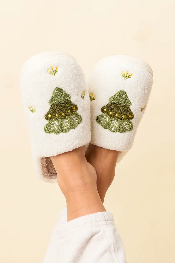 Fuzzy Holiday Slippers - Trees