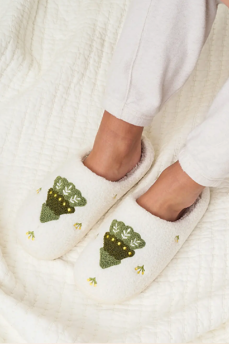 Fuzzy Holiday Slippers - Trees