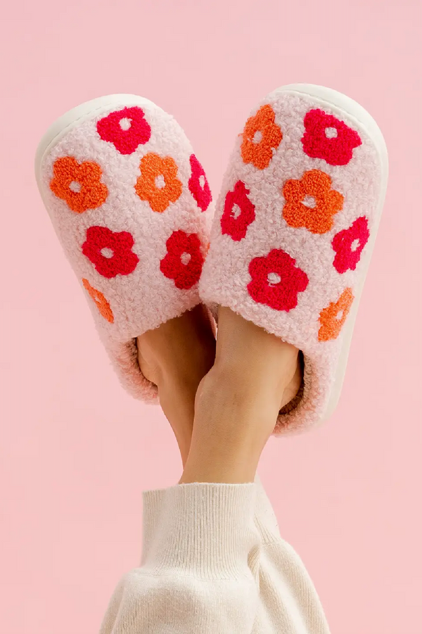 Fuzzy Slippers - Pink Flowers