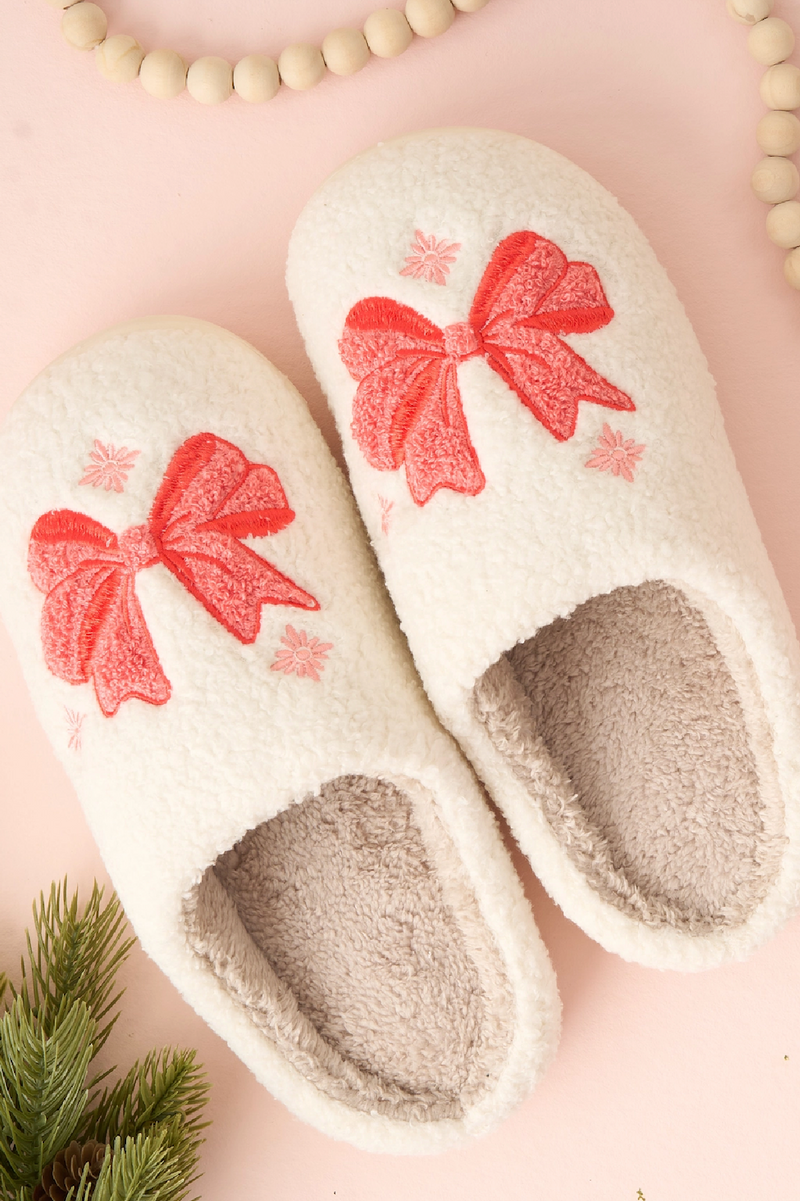 Fuzzy Holiday Slippers - Bows