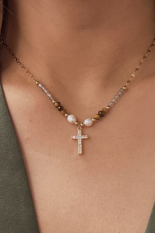 Cross Pendant Stone Bead Necklace