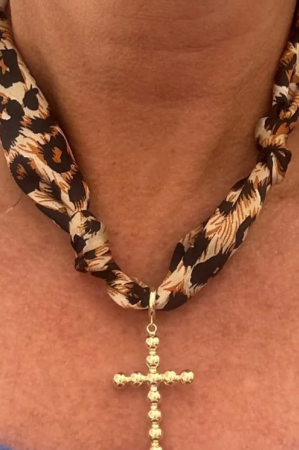 Leopard Scarf Necklace with Cross Charm