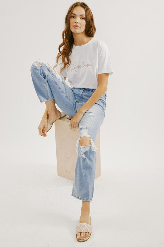 'Set the Trend' Straight Leg Jeans - Light Wash