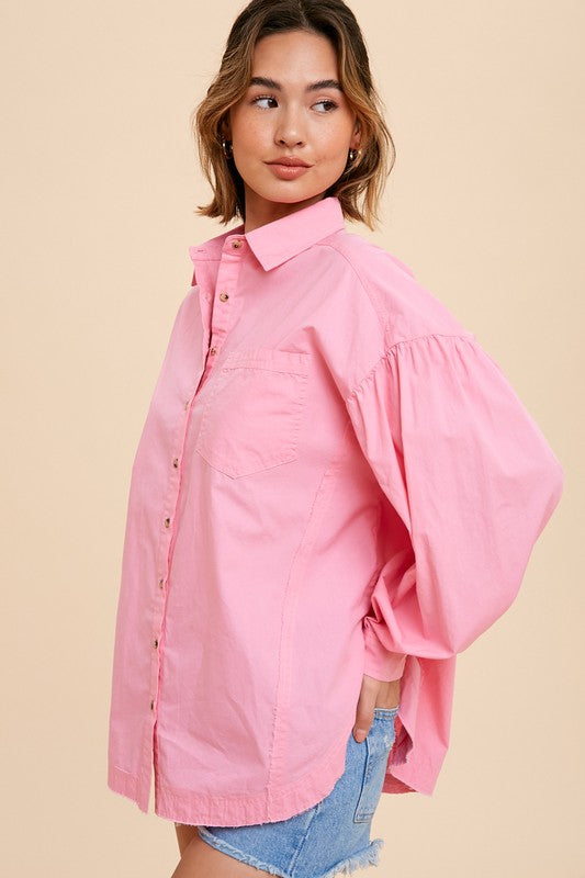 Button Down Dolphin Hem Cotton Shirt in Pink