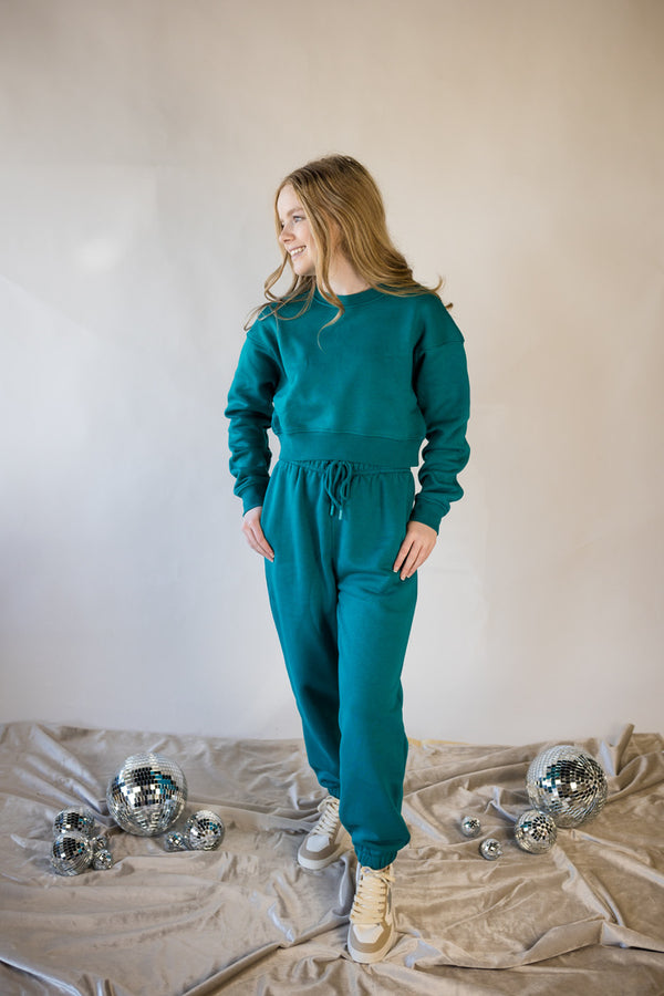 'Go With It' Cropped Sweatshirt - Teal