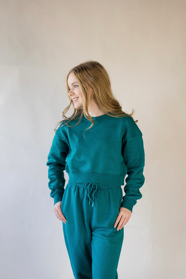 'Go With It' Cropped Sweatshirt - Teal