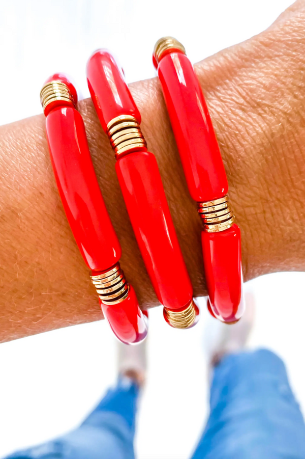 Red Acrylic Tube + Gold Disc Bamboo Bracelet