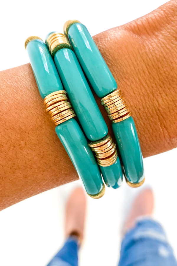 Turquoise + Gold Disc Acrylic Tube Bamboo Bracelet