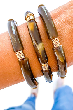 Brown Marble + Gold Disc Acrylic Tube Bamboo Bracelet