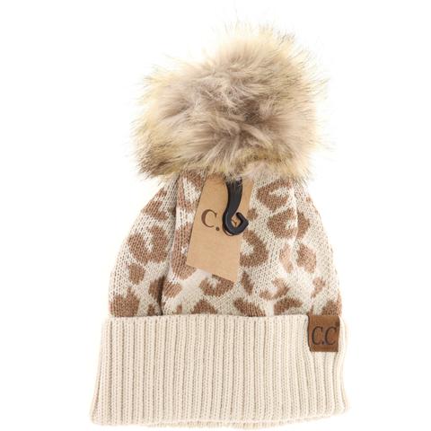 CC Pom Beanie - Beige Leopard